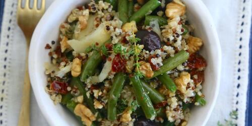 Quinoa with green beans, pecorino, walnuts and olives.The recipe