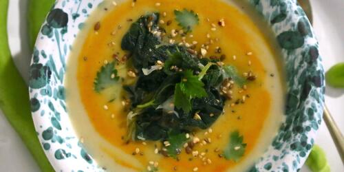 Turmeric broad bean cream with nettle and sesame.Spring recipe