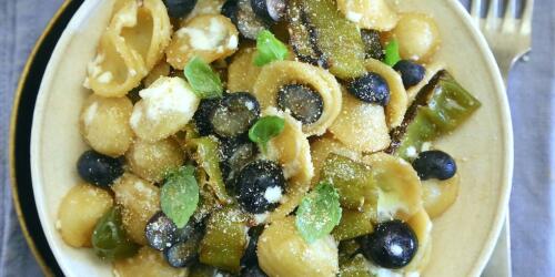 Orecchiette with friggitelli, blueberries and burrata cream.Recipe